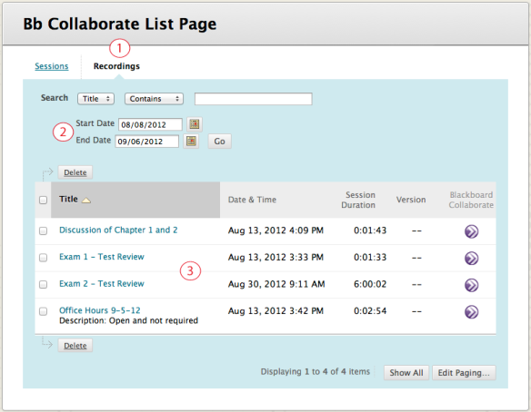 On the Collaborate tool page, click on Recordings and all recordings for the previous 30 days will be listed.